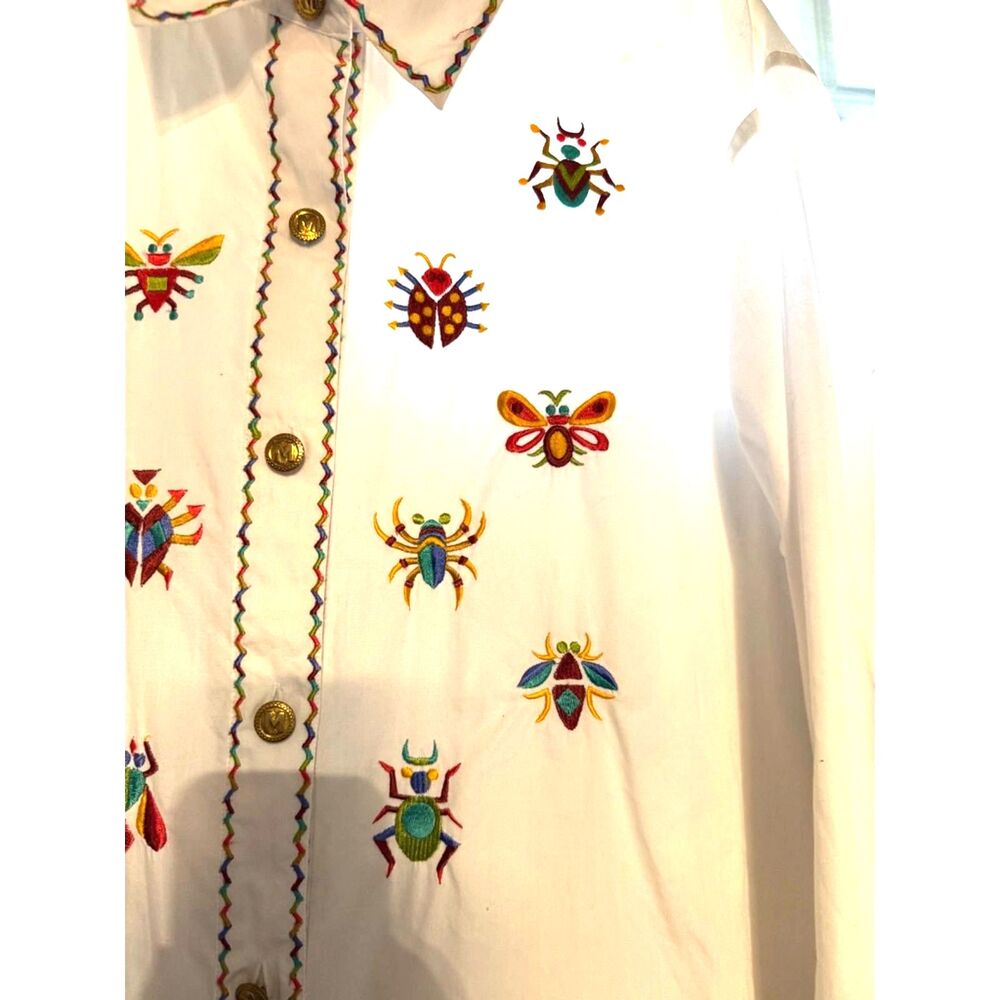 Bob Mackie Wearable Art Blouse w/ Insect Motif Embroidery on Cuffs, Yoke, Front - Picture 6 of 12